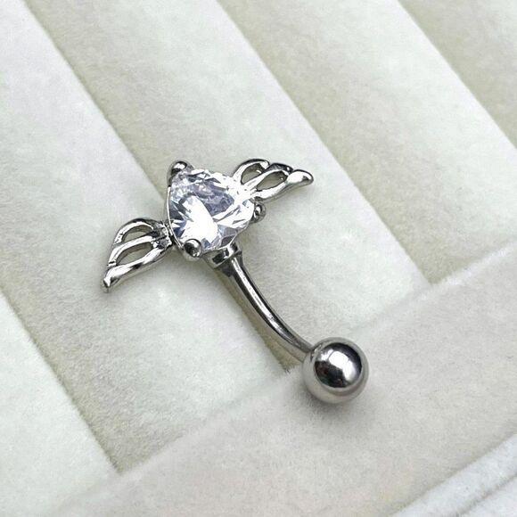 316L Stainless Steel with White Diamond Cubic Zirconia Winged Heart Belly Ring - Picture 5 of 7